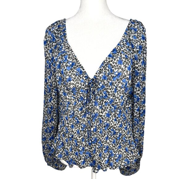 Express Blue Floral Long-Sleeve Cropped Blouse With Ruched Bust Size Large - Picture 3 of 15